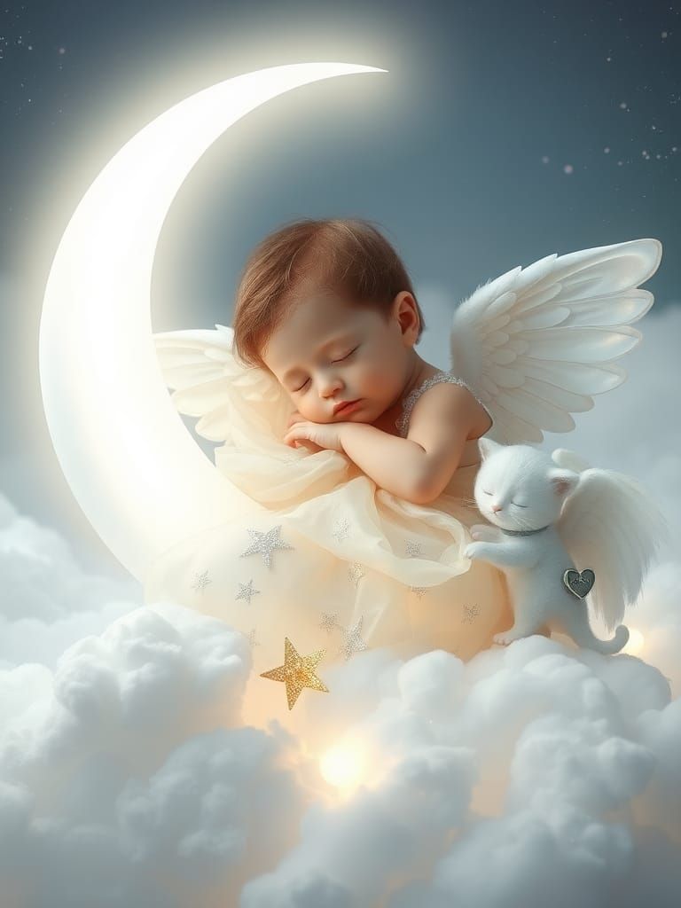 Sleeping Baby Angel on Crescent Moon