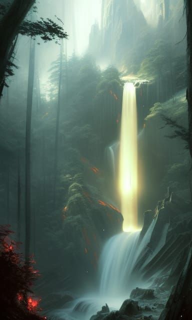 Majestic Waterfall Between Giant Trees in Dark Fantasy Art