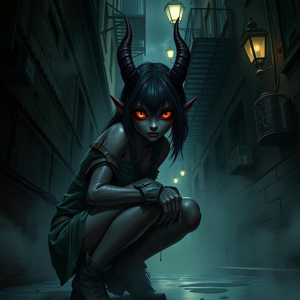 Tiefling Girl in Dimly Lit Alley, in Dark Fantasy Style