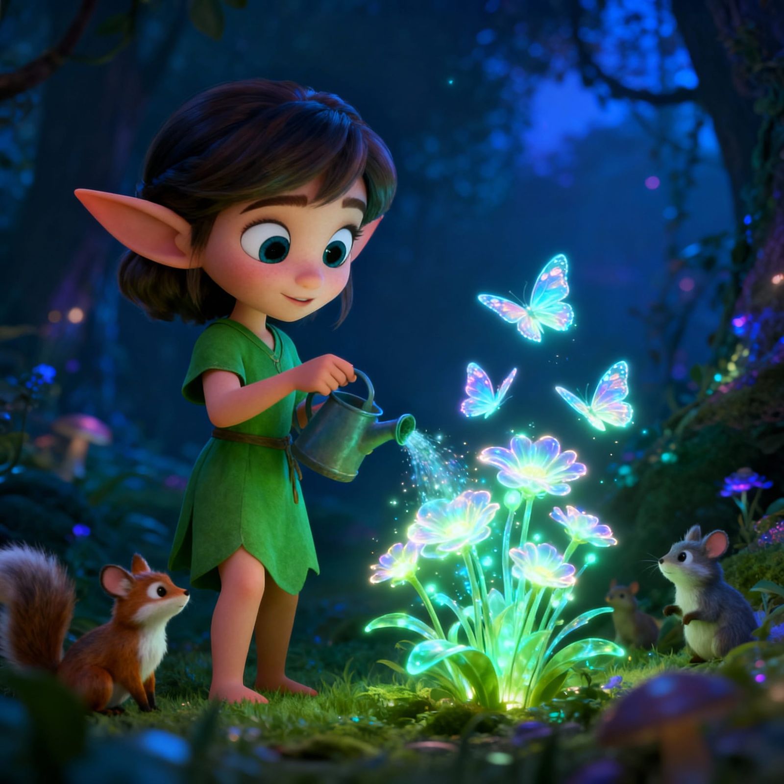 Elf Girl Waters Magical Flowers into Butterflies 3D Cartoon
