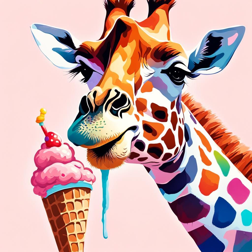 Whimsical Giraffe Licks Ice Cream with Huge Tongue in Cartoo...