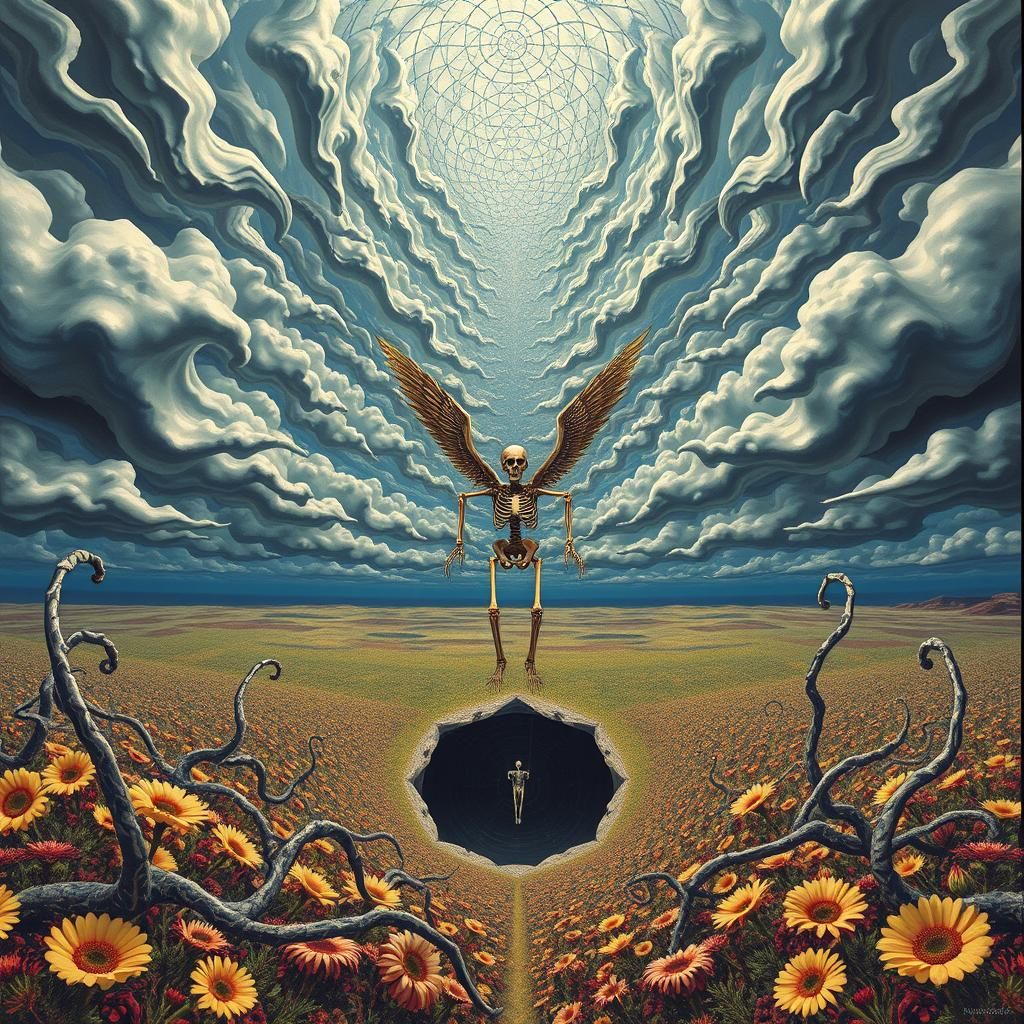 Surreal Landscape with Elastic Flora and Winged Skeleton