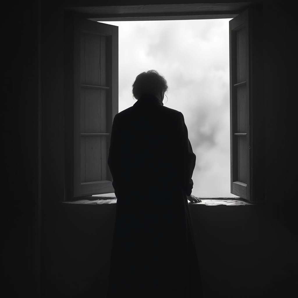 Elderly Woman Lost in Thought, Shrouded in Misty Atmosphere