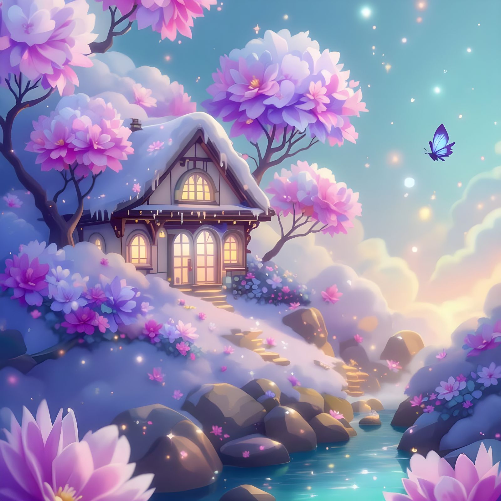 Whimsical Fantasy Cottage in Pastel Dreamscape