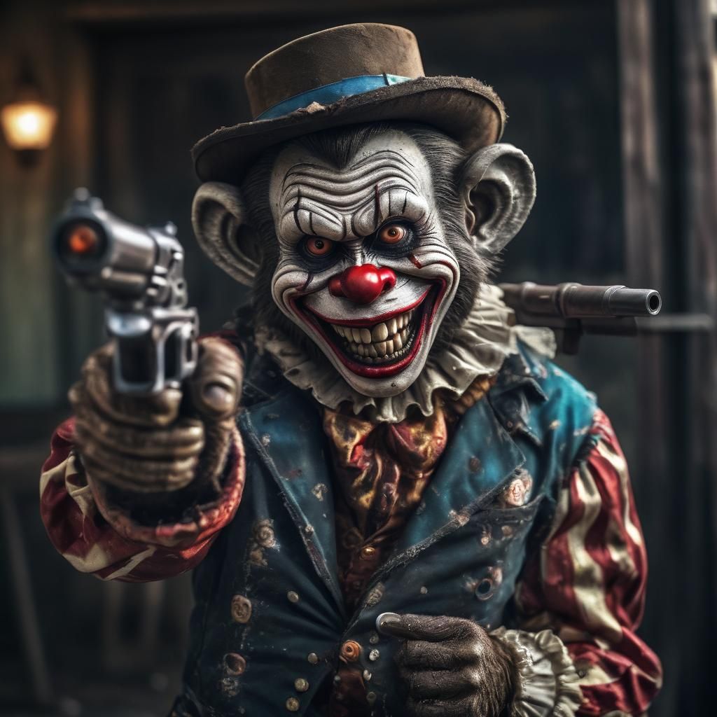 Hyperrealistic Zombie Monkey Clown Points Gun