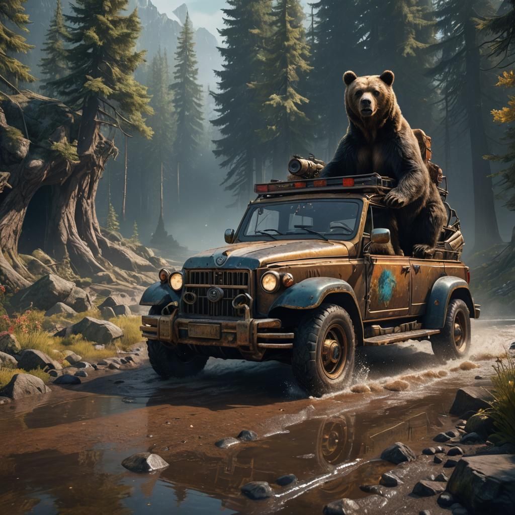 Bear Driving Car in Detailed Matte Painting