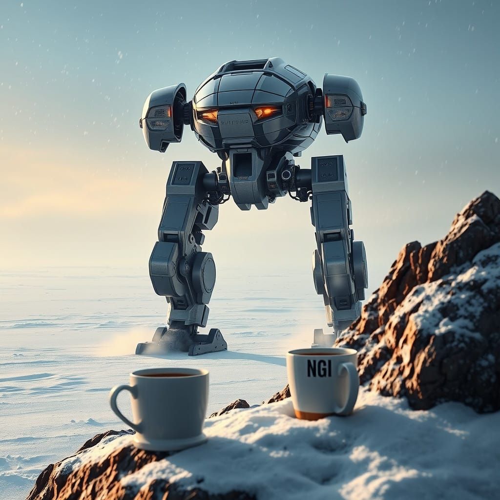 Futuristic Mecha Robot Dominates Snowy Landscapes in Dawn Li...