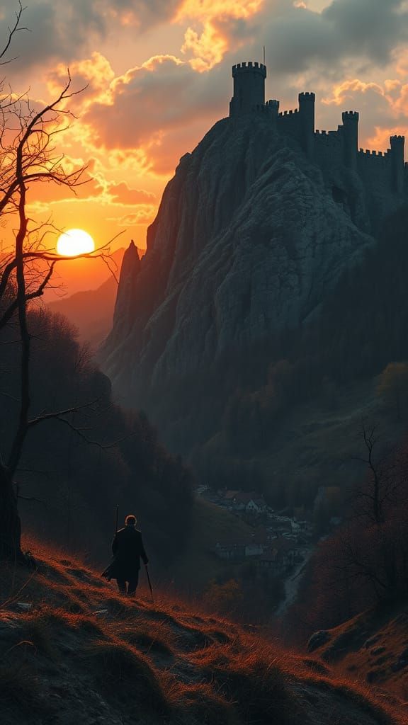 Grimdark Mountain Scene at Sunset with Medieval Village