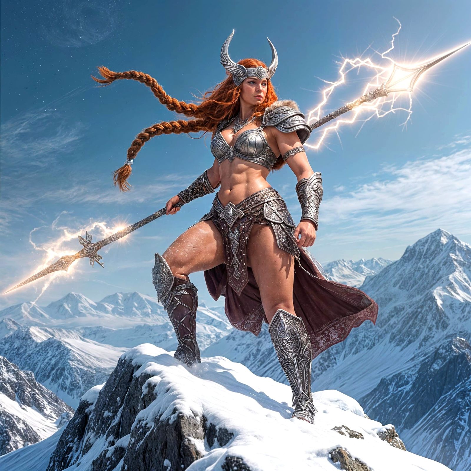 Redhead Valkyrie Warrior on Snowy Peak with Glowing Spear