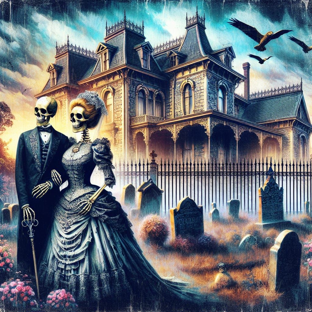 Victorian Gothic Skeletal Couple in Cemetery