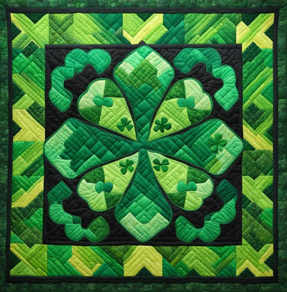 Emerald Shamrock Quilt on Green Field, Hyperreal