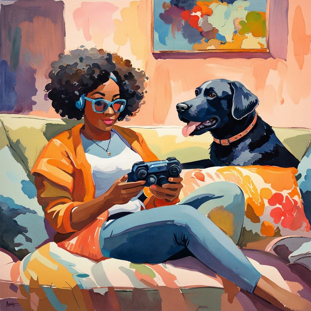 Woman Gaming with Dog, Gouache Impressionist Style