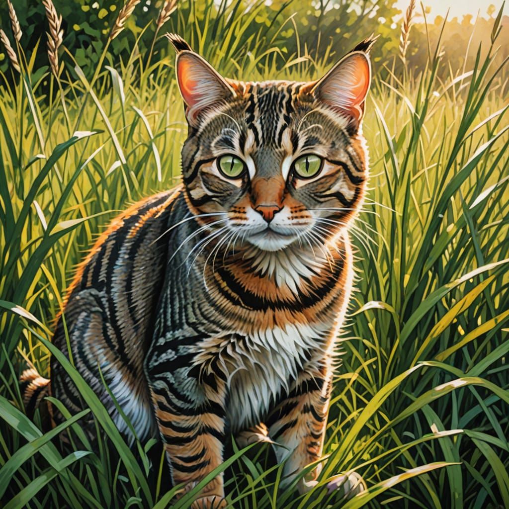 Vibrant Tabby Cat in Sunlit Meadow