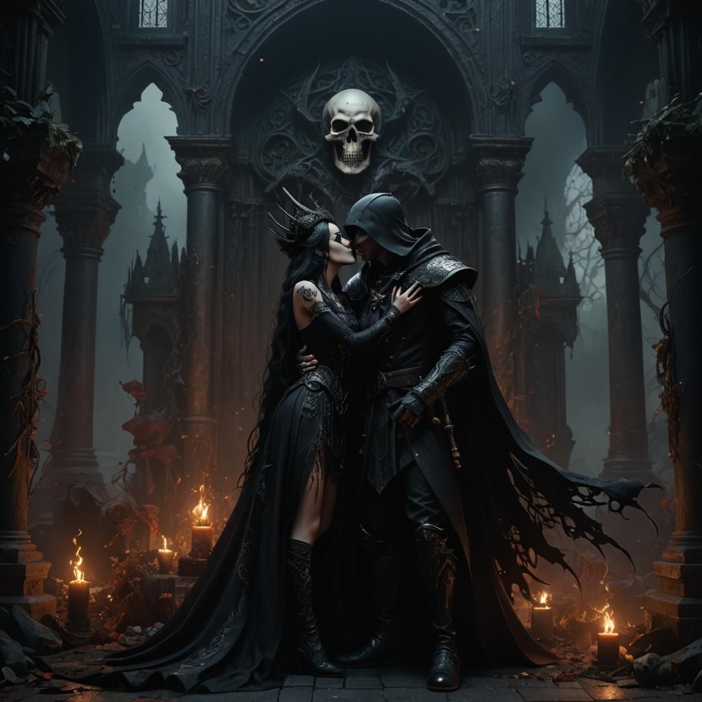 Gothic Sorceress and Death God Kissing