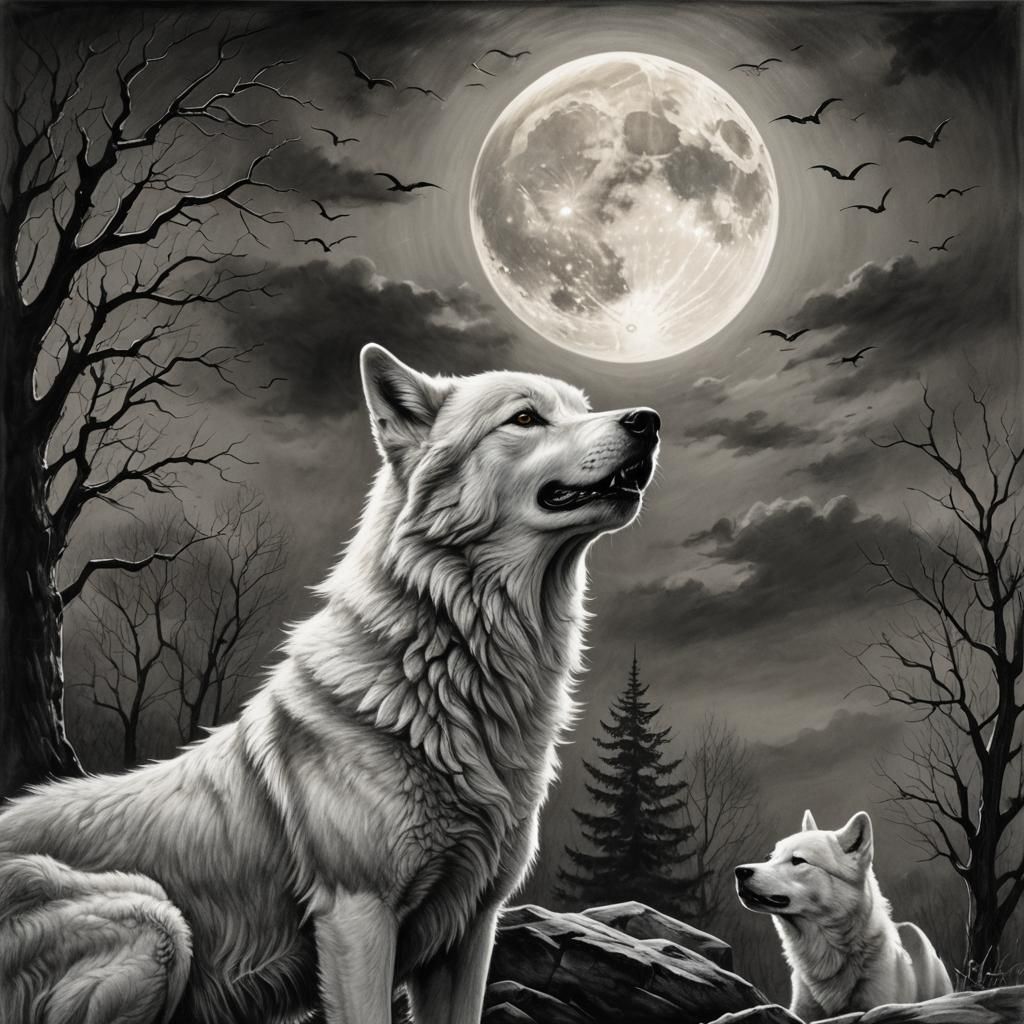 Sinister White Wolf Howling: Gothic Charcoal Drawing