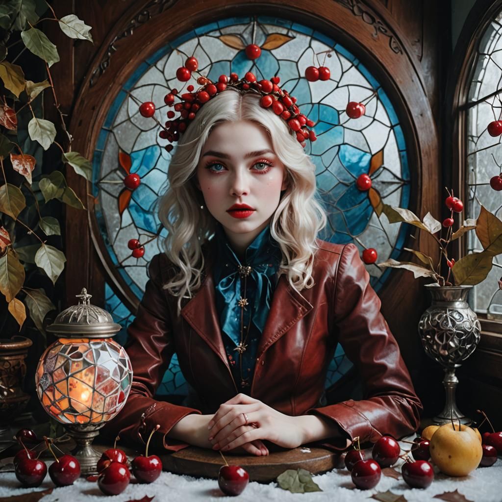 Cherry Portrait with Retro Leather and Stained Glass