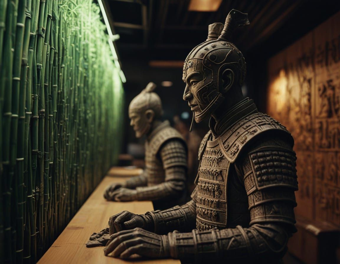 Cyborg Terracotta Warriors in Neon Bamboo Office