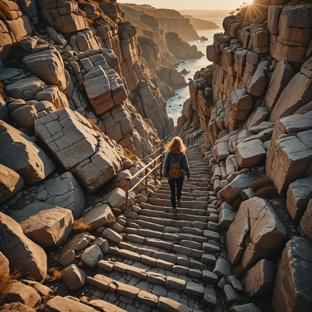 Surreal Staircase Ascent in Dreamlike Landscape