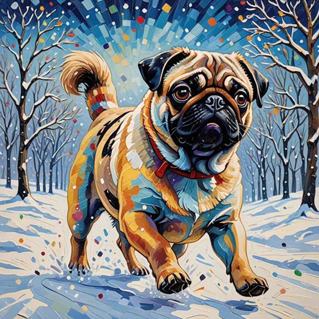 Vibrant Pug Dog Plays in Winter Wonderland