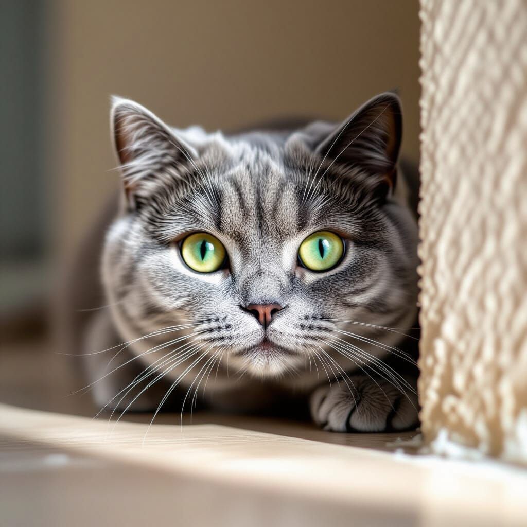 Shy British Shorthair Cat Peeking with Green Eye