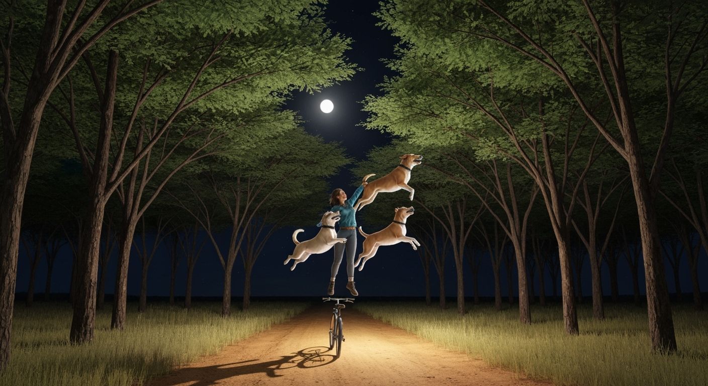Woman Flies With Dogs Through Moonlit Acacia Forest