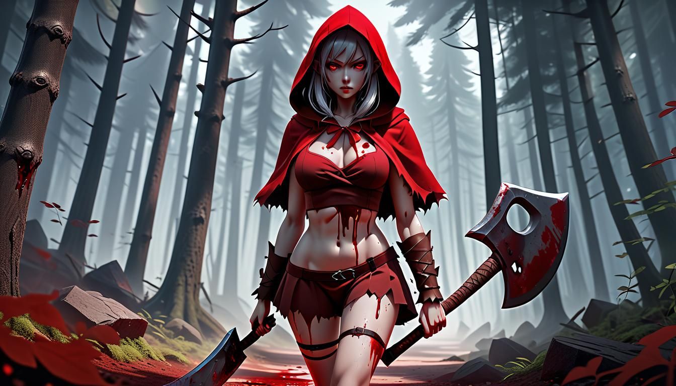 Little Red Riding Hood with Axe in Anime Style