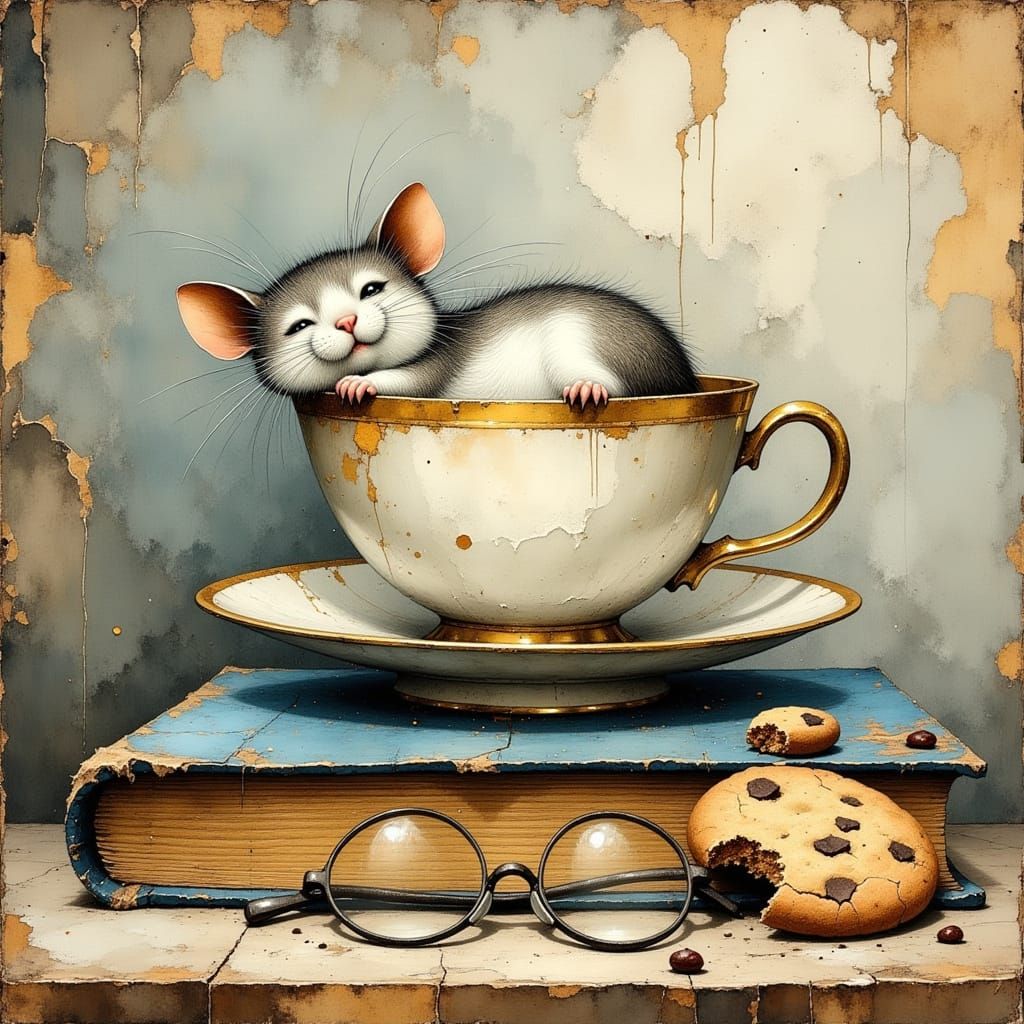 Whimsical Mouse Relaxing in Teacup on Blue Book