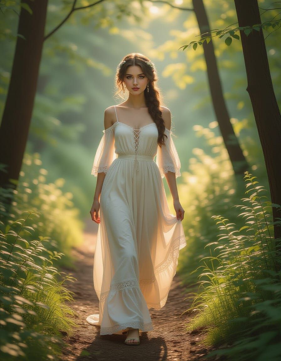 Ethereal Woman Walking on Forest Path as Painting