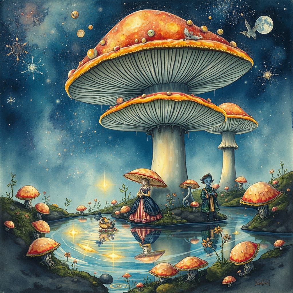 Ethereal Cosmic Mushrooms Soar Above Tiny, Elegant Creatures...