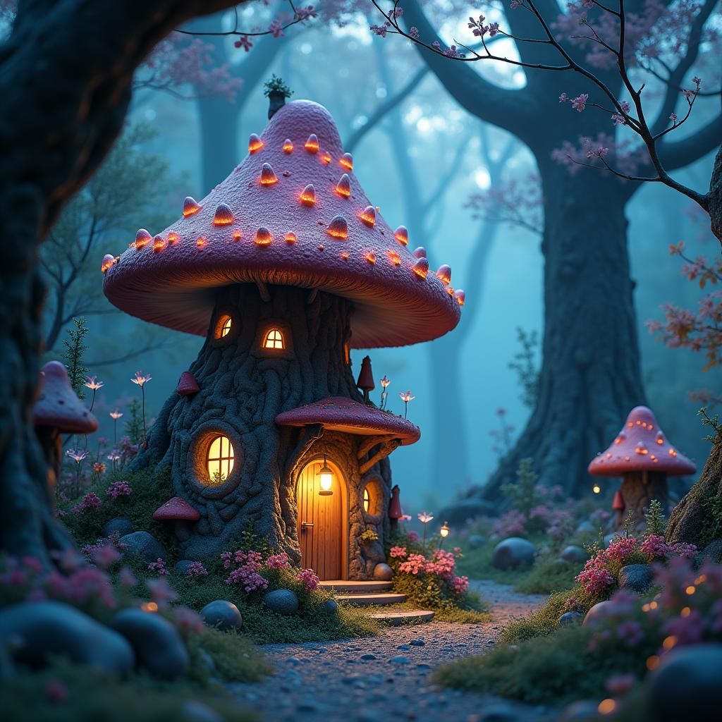 Enchanted Fairy Mushroom House in Bioluminescent Forest