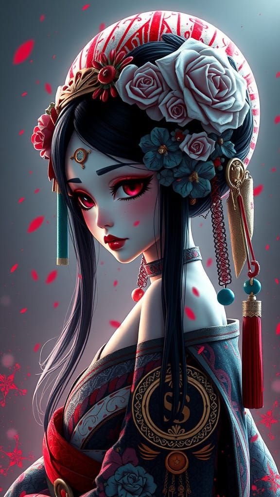 Gothic Geisha Concept Art Portrait in Cyberpunk Style