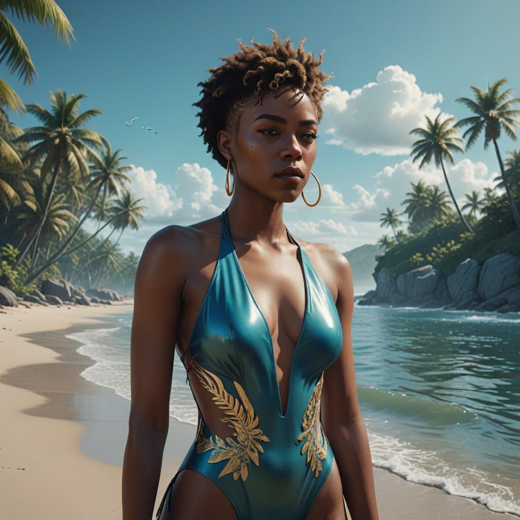 Confident Black Goddess in Shimmering Silver Swimsuit