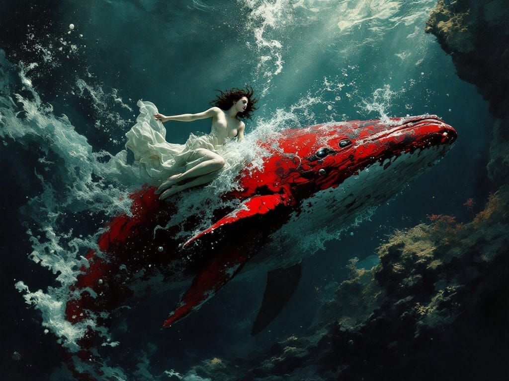 Woman in a Dreamlike Underwater Scene with a Majestic Red Wh...