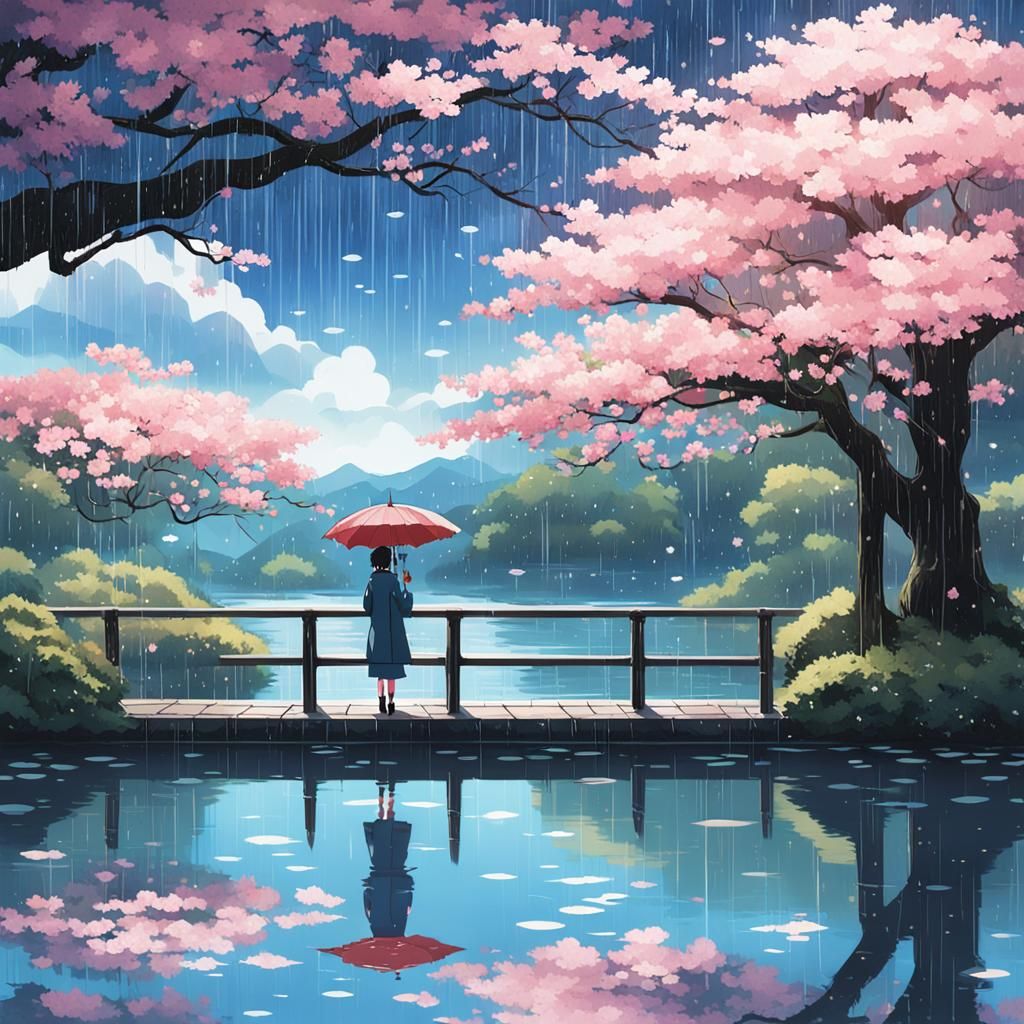Anime Woman in Rain with Cherry Blossoms