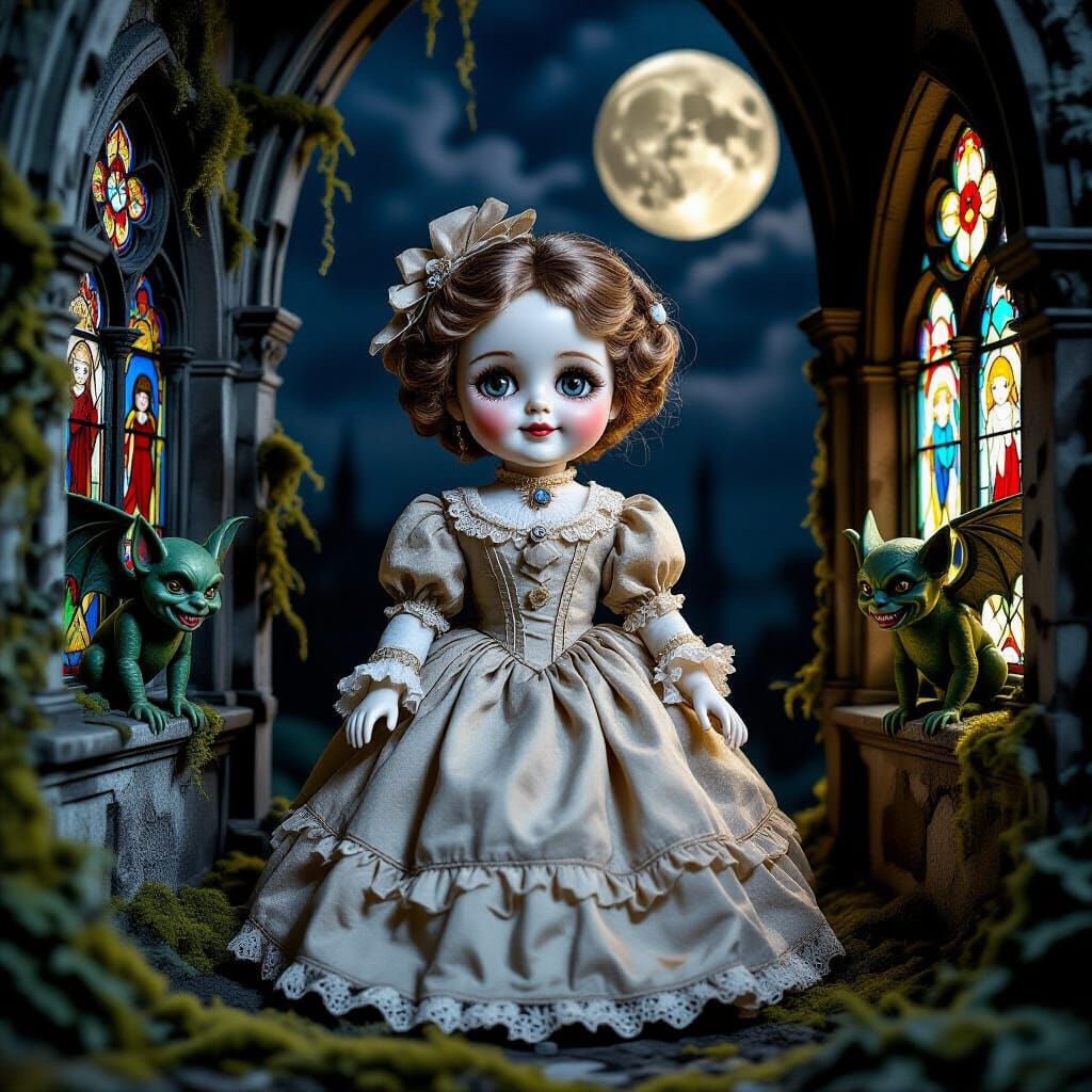 Creepy Porcelain Doll in Tattered Victorian Gown