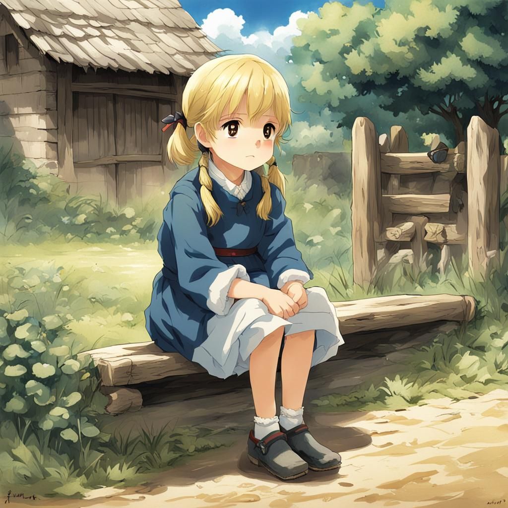 19th Century Girl in Anime Style Waiting in Village