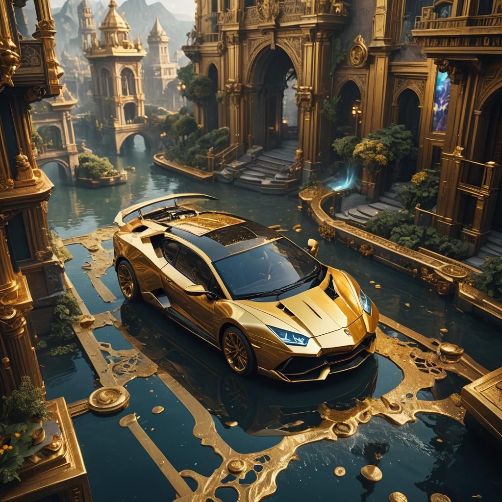 Golden Lamborghini in Detailed Matte Painting Style