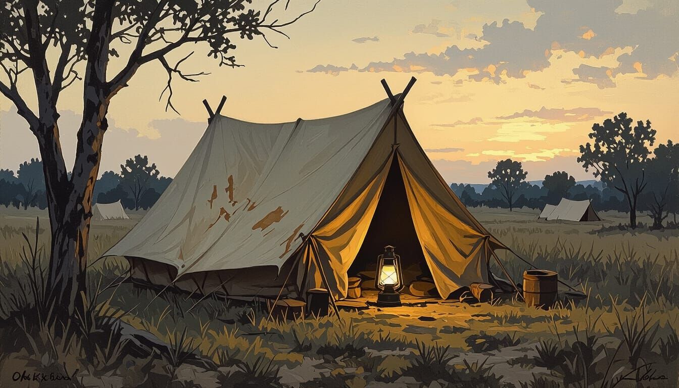 Civil War Camp with Mysterious Tent in Vintage Style