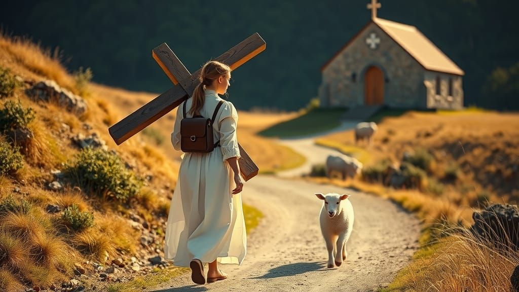 Young Woman's Uphill Journey with Cross