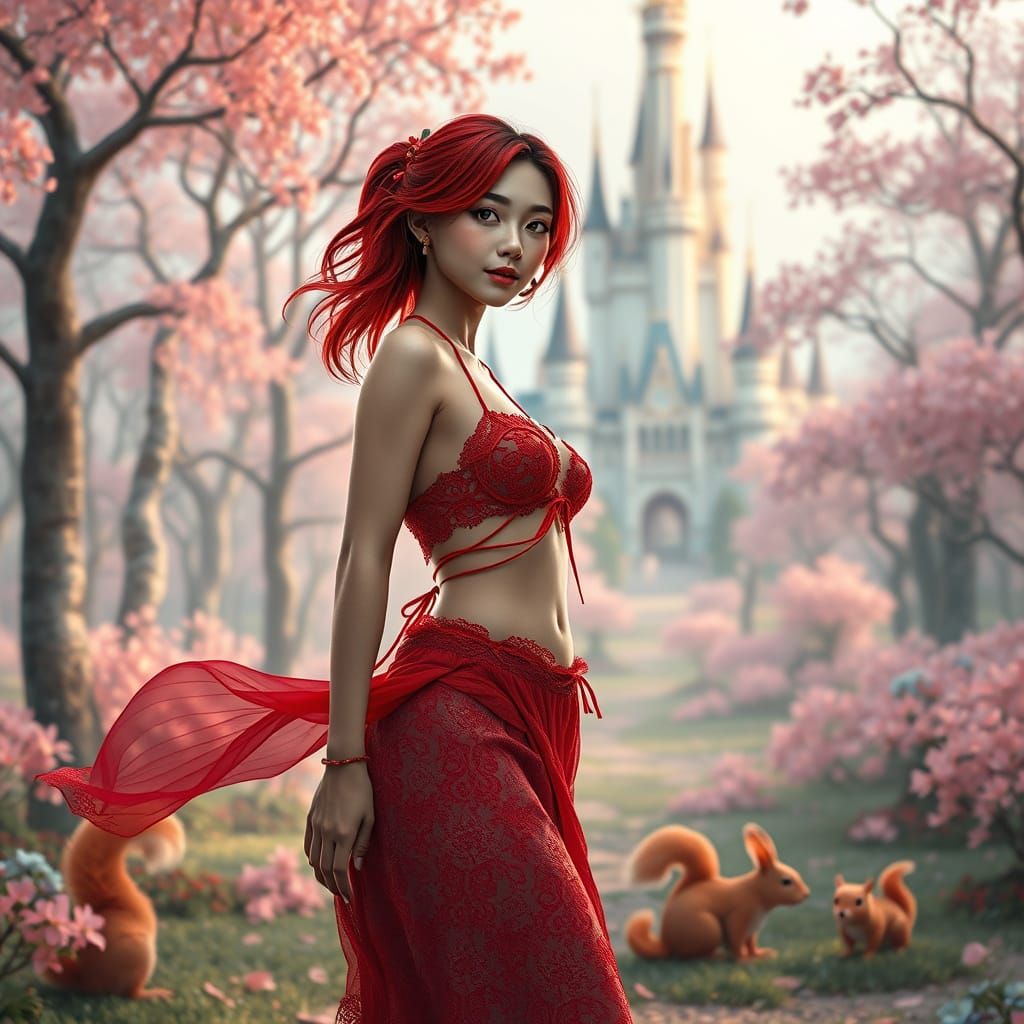 Asian Woman in Pastel Forest, Hyperdetailed Concept Art