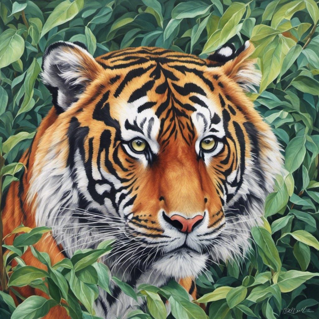 Tiger in Jungle with Lush Leaves