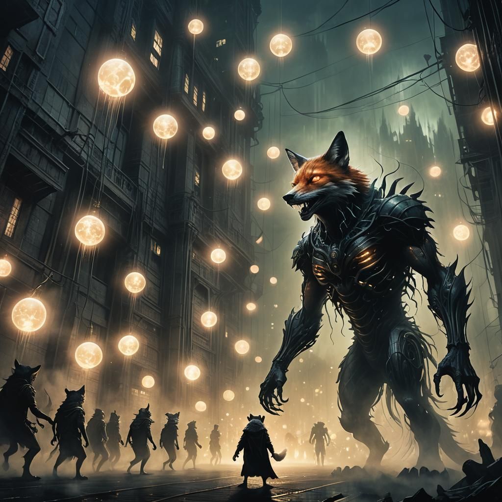 Ethereal Fox-Monster in Dark Fantasy Landscape