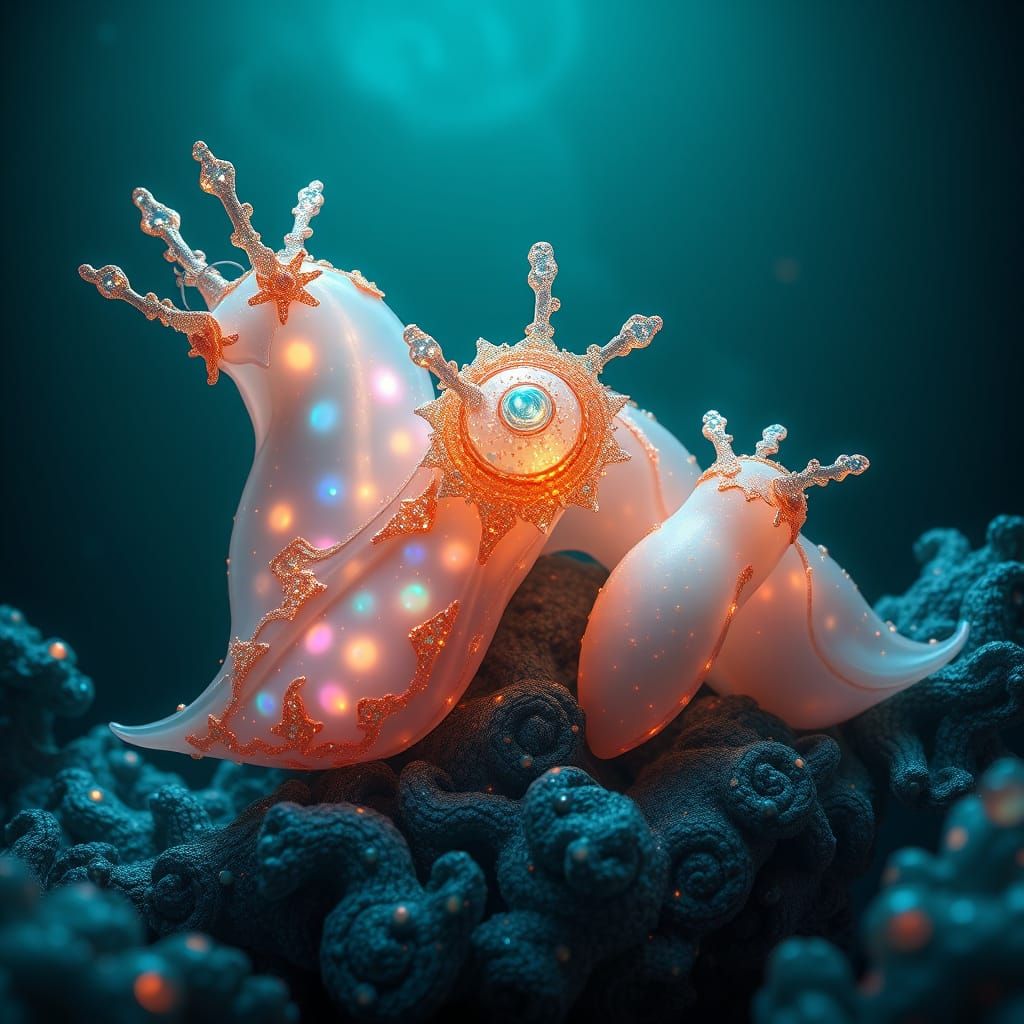 Ethereal Deep-Sea Creatures in Iridescent Opal and Rose Gold