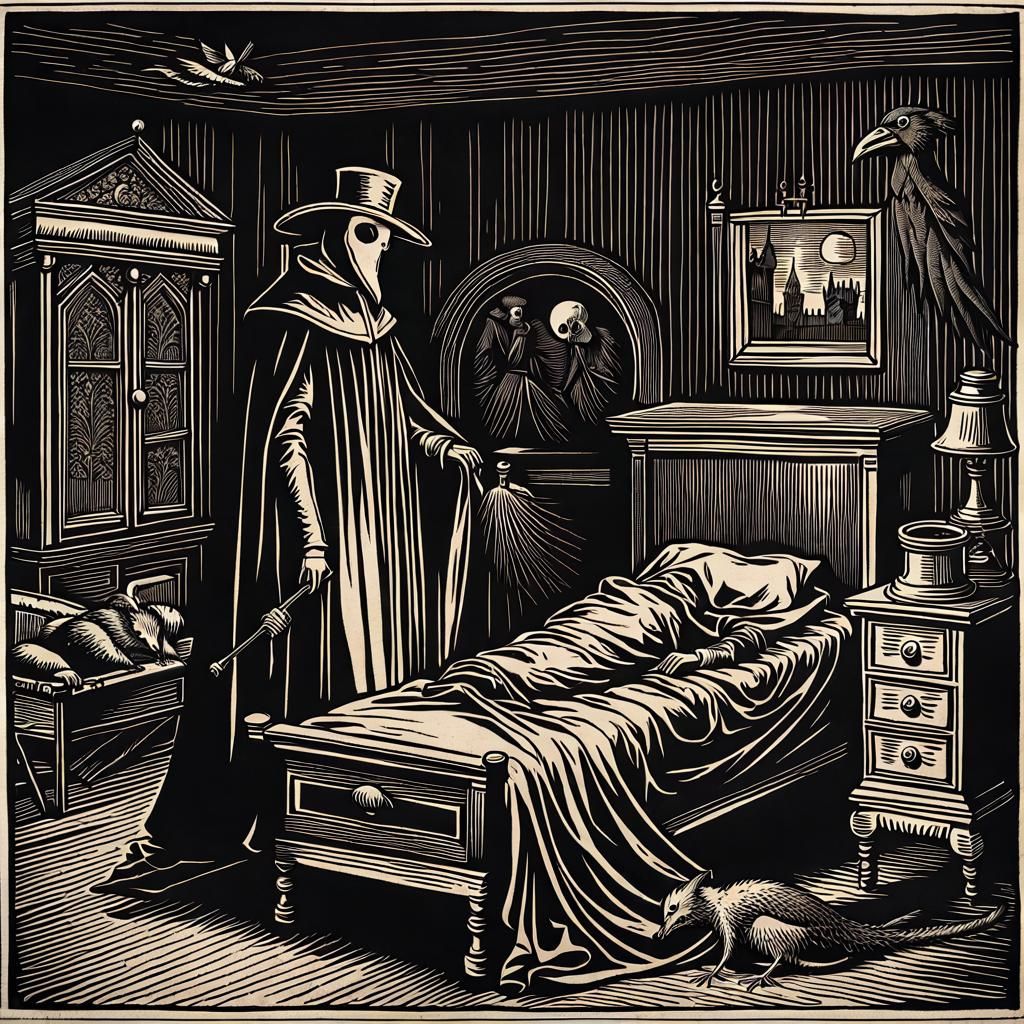 Plague Doctor in Elizabethan Woodcut Style