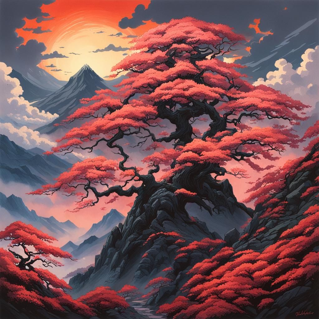 Sunset Cherry Tree Forest in Ukiyo-e Style