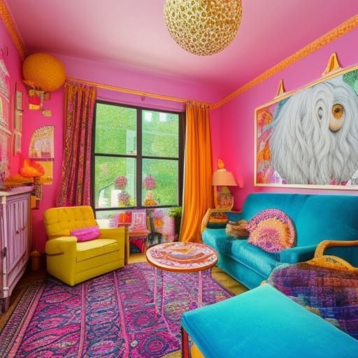 Luna Lovegood themed penthouse with whimsical colorful walls with Beautiful whimsical windows with Orange curtains& Beau...