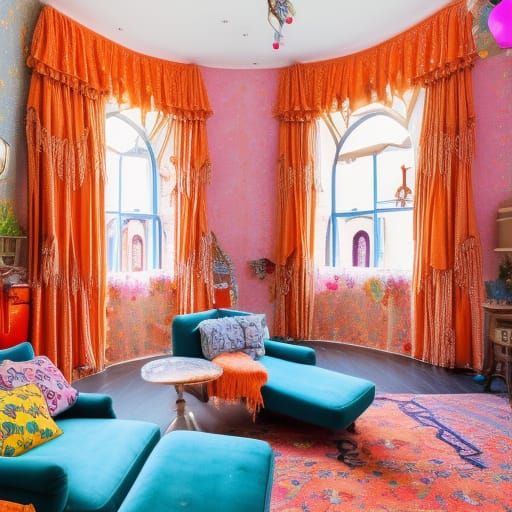 Luna Lovegood themed penthouse with whimsical colorful walls with Beautiful whimsical windows with Orange curtains& Beau...