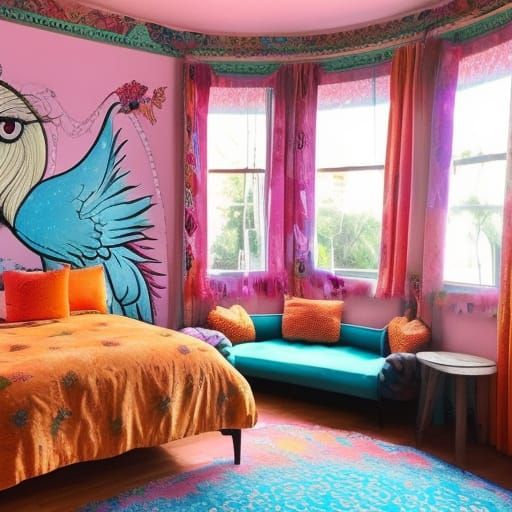 Luna Lovegood themed penthouse with whimsical colorful walls with Beautiful whimsical windows with Orange curtains& Beau...