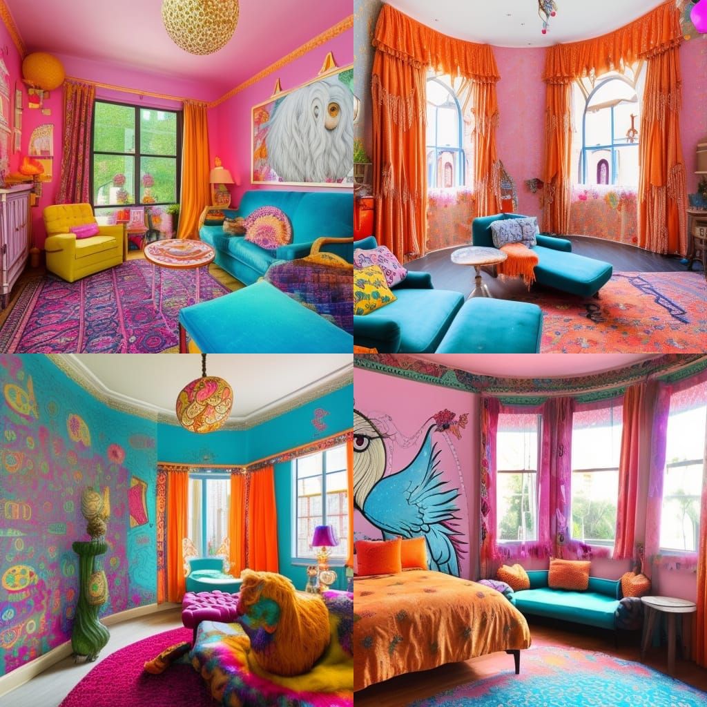 Luna Lovegood themed penthouse with whimsical colorful walls with Beautiful whimsical windows with Orange curtains& Beau...