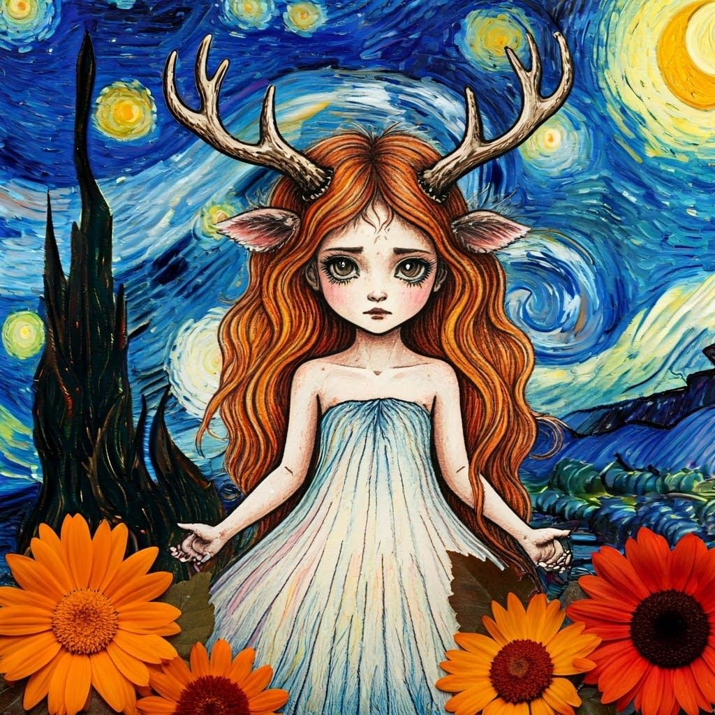 Crayon-Drawn Fairy Goddess in Rainy Starry Night